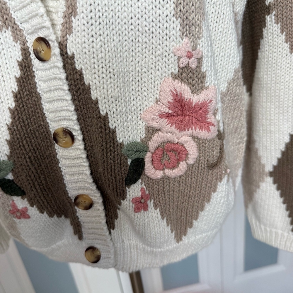 MILANO DESIGN GROUP Cardigan Womens Size M Argyle Floral Button Front Vintage - Picture 5 of 10